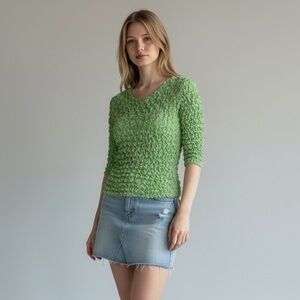 Green Crinkle Stretch Top Blouse One Size 90’s Y2K Festival Popcorn Magic Scarf